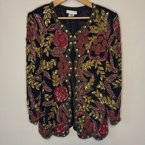 Vtg 80s Beaded Silk Evening Jacket Size Medium Floral